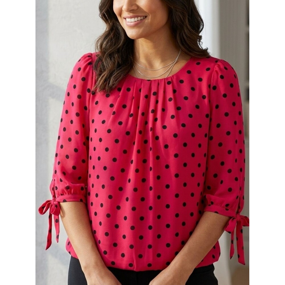 Sara Michelle Women's Petite Large Red Black Polka Dot Blouse PL 3/4 Tie Sleeve